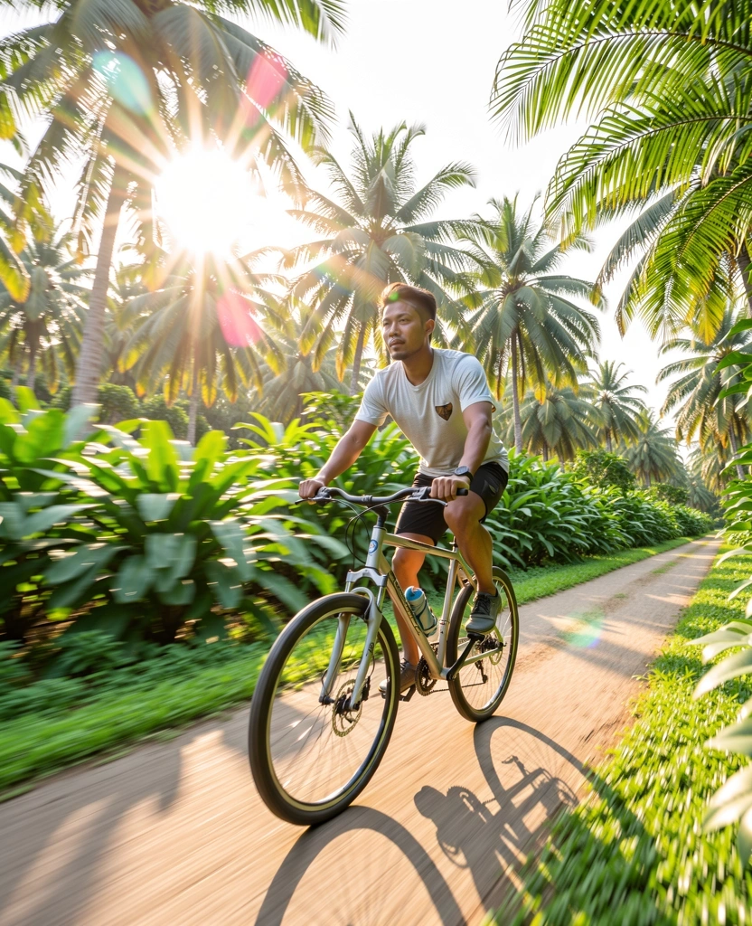 Active man cycling in Indonesia